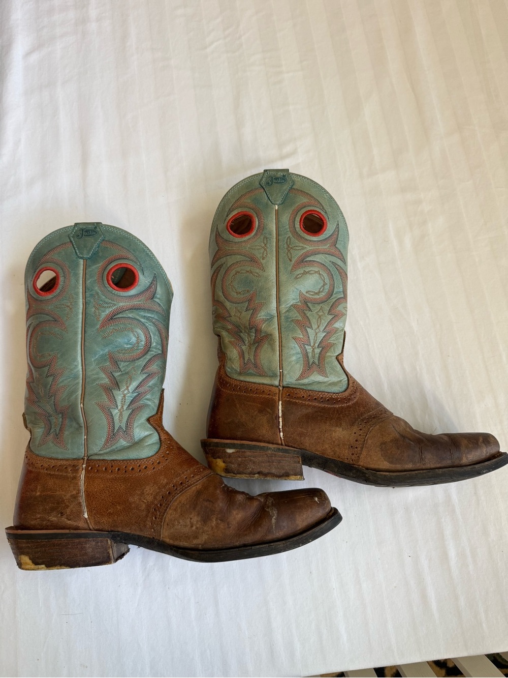 Justin Turquoise & Brown Leather Western Pull-On Cowboy Boots size 10EE, XJ1307